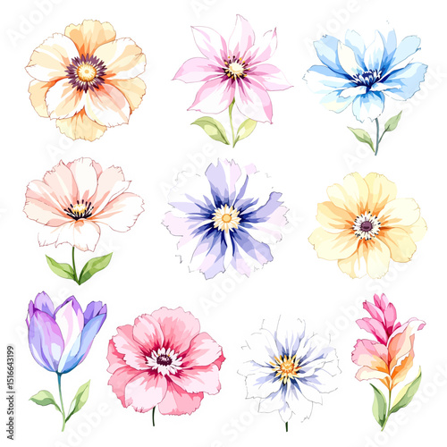 Set watercolor Summer Flowers Clipart, Beautiful floral bouquet illustrations set with watercolor hand drawn flowers