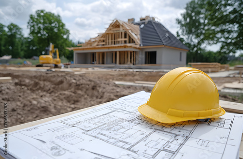 Construction site photo shows blueprints of new house with yellow hard hat. Site preparing for building work. House visible in background. Worker present on site. Construction project in progress. photo