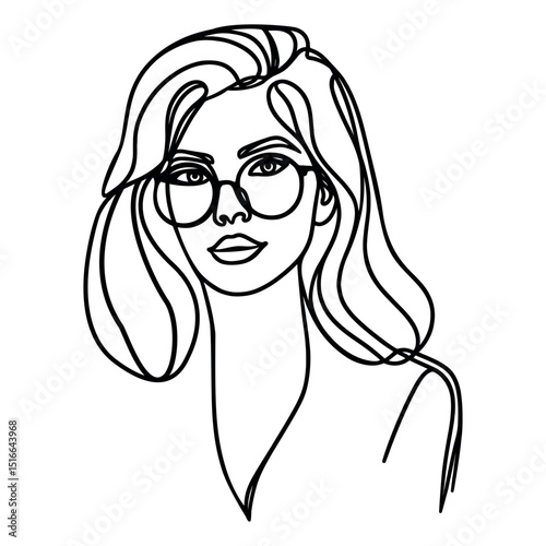 Portrait of a young handsome woman wearing glasses drawing a continuous line. vector illustration