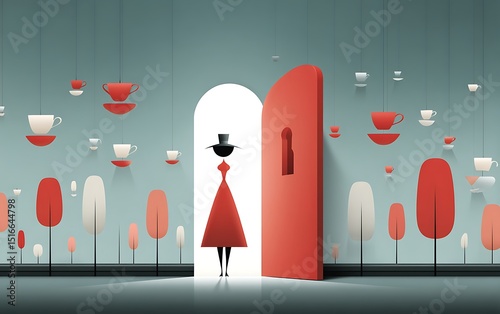 Woman Entering Door, Teacups, Room