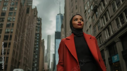 A young Middle-Eastern woman with a hijab stands confidently in a city street. She wears a bright orange coat against a backdrop of tall buildings and a cloudy sky.