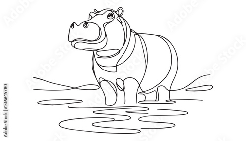 Continuous one single minimal line drawing hippopotamus