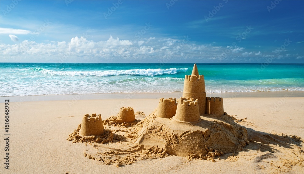 Naklejka premium building sandcastle on a hotel beach with the turquoise ocean waves gently rolling in the background