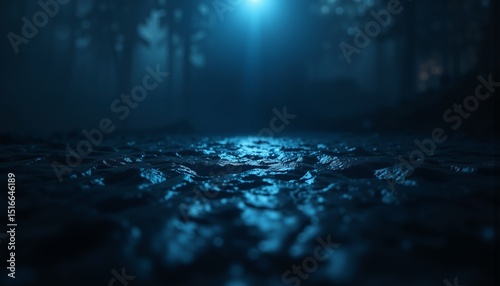 Black Obsidian Surface With Swirling Patterns Illuminated By Cool Blue Light, Stillness