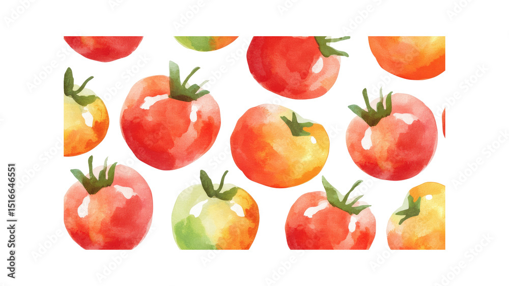 Watercolor Seamless Pattern of Red and Yellow Tomatoes on Transparent Background Watercolor Seamless Pattern of Red and Yellow Tomatoes on Transparent Background