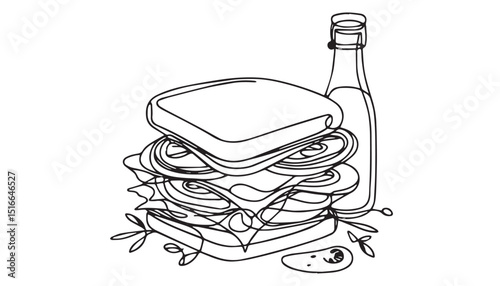 Continuous one single minimal line drawing sandwich 