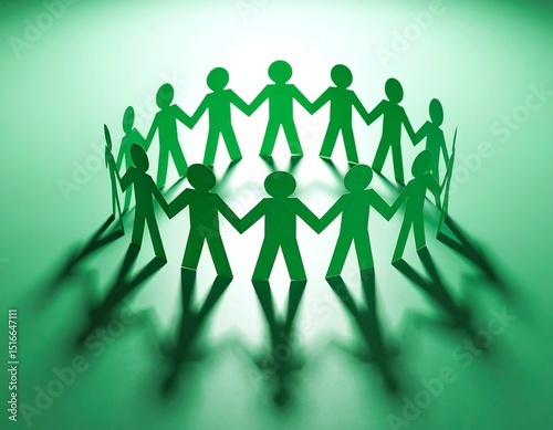 Green paper cutouts of people holding hands in a circle