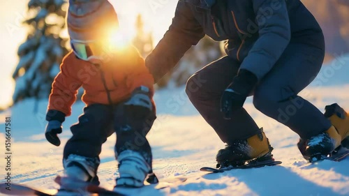 A young child with brown hair wearing an orange jacket and ski goggles stands on a snowboard in the snow. An adult assists the child in a winter setting.