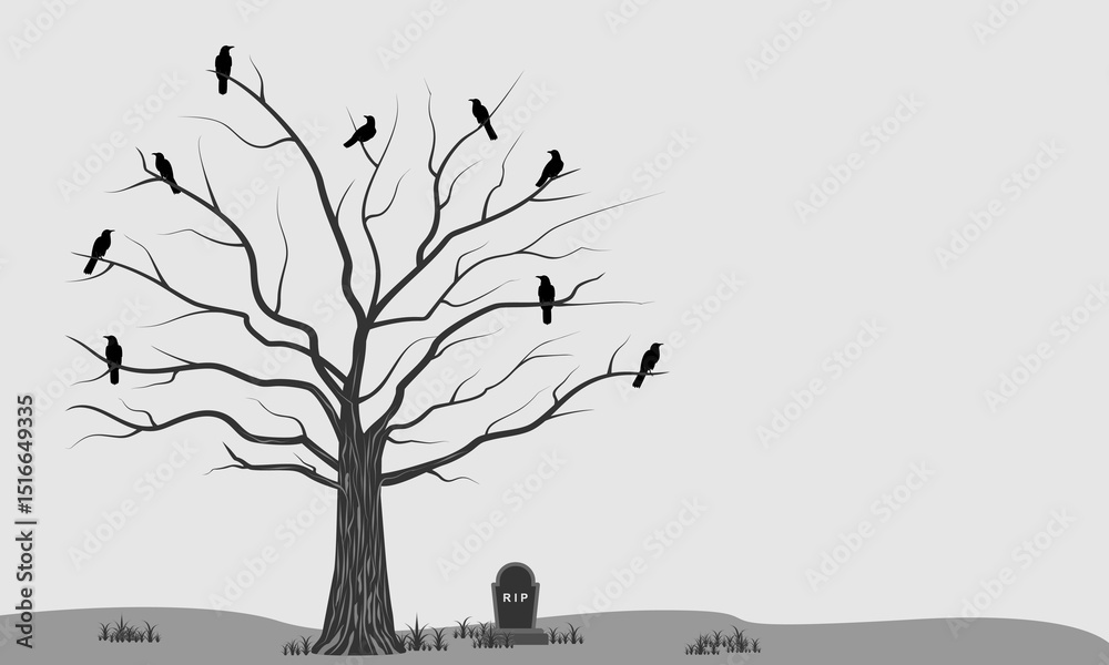 dead tree with crows and a tombstone, the concept of remembering those who have left us, vector illustration