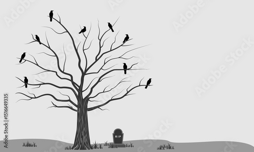 dead tree with crows and a tombstone, the concept of remembering those who have left us, vector illustration