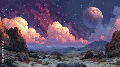 Space landscape cartoon illustration with rocks and craters, large alien planet on horizon. Fantasy scene of mysterious stars, satellite and meteors in purple sky. Astronomy science. Cosmic background