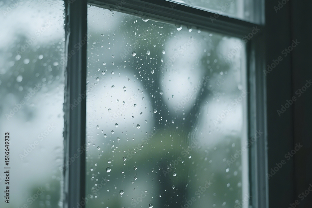 Naklejka premium Raindrops on a window pane, blurring the view outside
