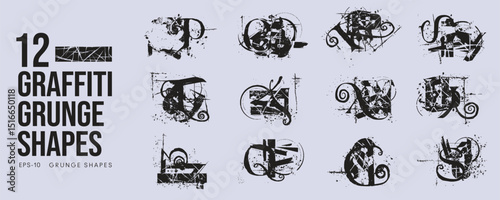 Grunge Graffiti Halftone Texture Elements Set Abstract Geometric Shapes. Ink Spray Horror Borders. Glitch Distortion.  Noise Overlay And Distressed Vector Effects