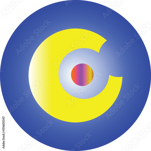 Abstract Yellow Crescent Moon Design Element within a Blue Circle Gradient Background, Ideal for Branding or Decorative Purposes