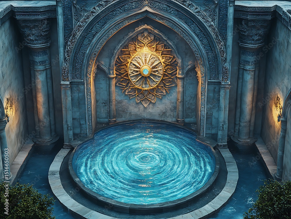 Obraz premium Mystical pool sanctuary with decorative archway and rippling turquoise water