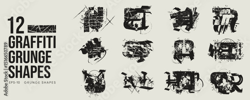 Grunge Graffiti Halftone Texture Elements Set Abstract Geometric Shapes. Ink Spray Horror Borders. Glitch Distortion.  Noise Overlay And Distressed Vector Effects