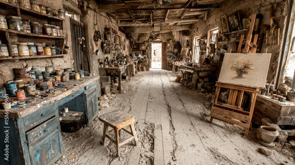 Obraz premium Abandoned art studio room interior. Vector cartoon illustration of old artist workshop with damaged furniture, cracked sculptures and painting canvas on dusty shelf, cobweb on walls, wooden easel