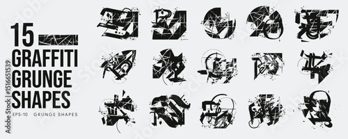 Grunge Graffiti Halftone Texture Elements Set Abstract Geometric Shapes. Ink Spray Horror Borders. Glitch Distortion.  Noise Overlay And Distressed Vector Effects