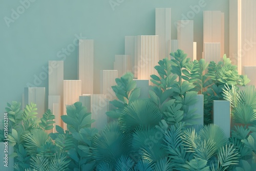 futuristic 3d illustration showcases harmonious blend of urban architecture and greenery seamlessly integrating into