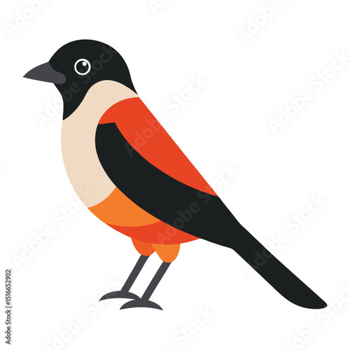 Cute winter bird illustration of a wild robin or bullfinch on a tree branch, a black silhouette vector cartoon with feather details and a prominent beak