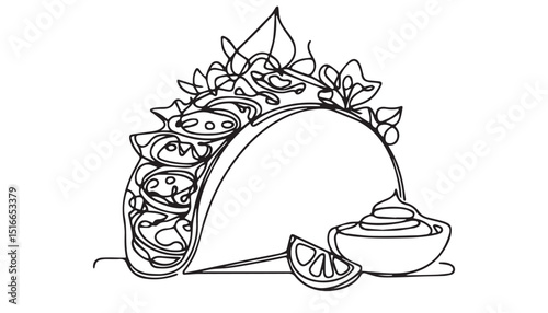 Continuous one single minimal line drawing Tacos