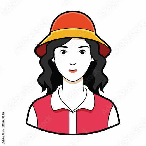 Red dress illustration of a Japanese geisha child or lady with a hat, a vector cartoon design for fashion or Christmas art