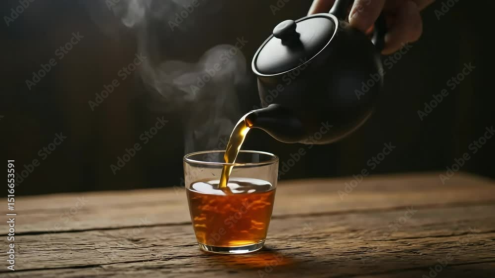 Pouring hot tea from a black teapot into a clear glass on rustic wooden table