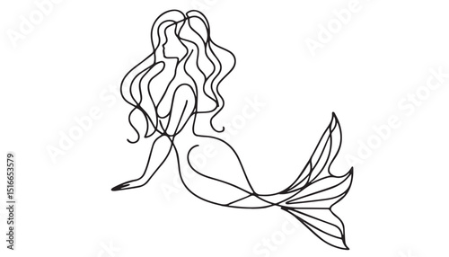 Continuous one single minimal line drawing mythological mermaid