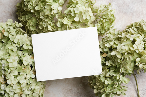 Horizontal white blank greeting card mockup resting on a bed of pale green hydrangea flowers over a neutral stone background, ideal for invitations or floral stationery designs