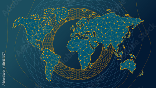 Abstract global data network connection, blue yellow fractals and quantum ai connected dots on a outline world map for worldwide business and internet technology vector illustration concept background