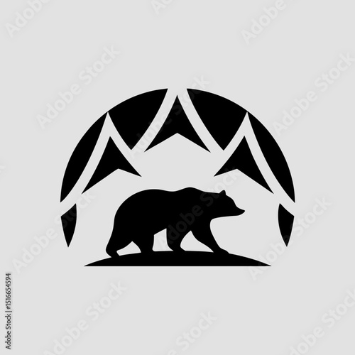 Mountain landscape with walking bear silhouette vector illustration