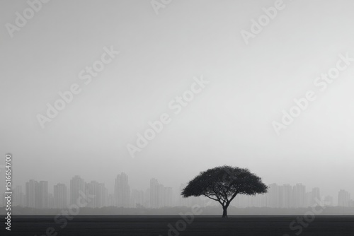 lone tree stands amidst bustling cityscape dominated by skyscrapers symbolizing nature resilience