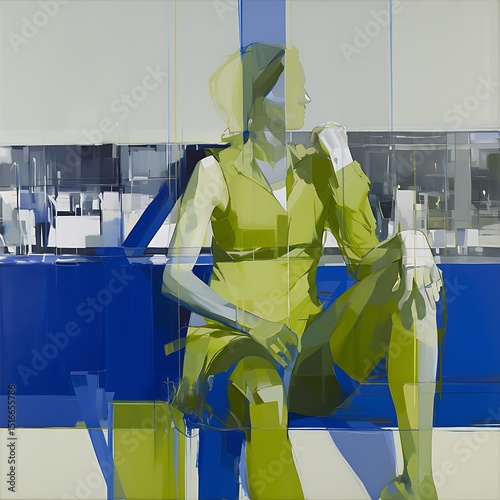 Woman Sitting, Cityscape, Abstract