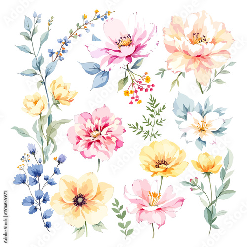Set watercolor Flowers Clipart, Big floral illustrations set with watercolor hand drawn flowers. Stock clip art