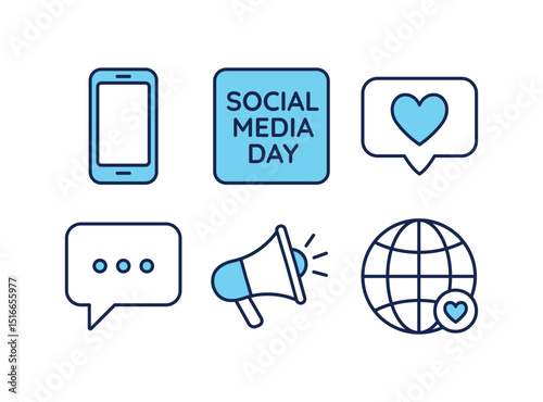 Vector set of modern flat icons for Social Media Day including phone, love bubble, globe, megaphone, and chat icons. Perfect for digital communication, marketing, and internet themes.