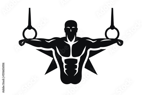 Fitness & Strength Icon, Athlete on Gymnastic Rings, Black Vector, On White Background
