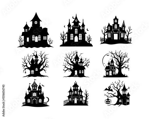 Spooky Haunted House Silhouette Bundle – Halloween Vector Set with Creepy Mansions, Dead Trees, Bats, and Full Moon Elements.
