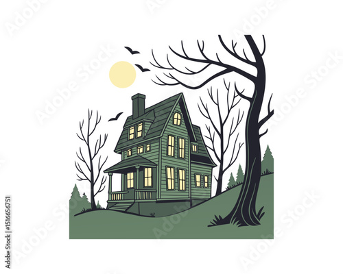Spooky Haunted Halloween House Vector – Spooky Haunted Mansion with full Moon, Bare Trees And Spider Web – Scary Night Illustration.