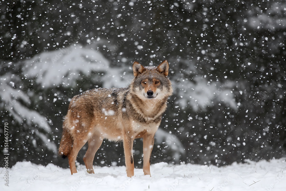 Obraz premium Wolf stands peacefully in snowy forest