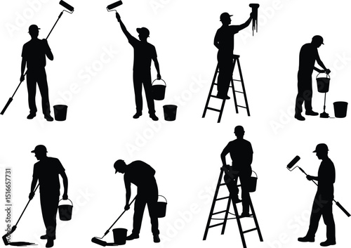 Silhouette vector of painter using roller and bucket, standing on ladder, painting wall, working construction, professional decorator