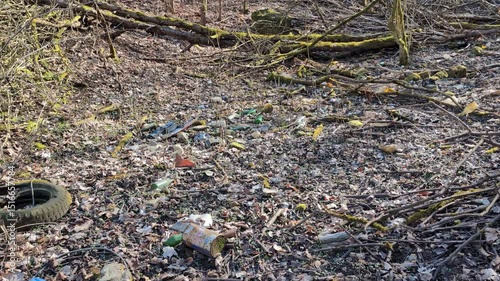 Human trash (mostly bottles, cans, and a tire) in a forest