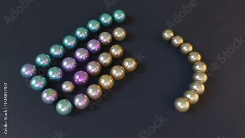 A display of iridescent and gold pearls arranged on a dark elegant background
