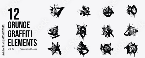 Grunge Graffiti Halftone Texture Elements Set Abstract Geometric Shapes. Ink Spray Horror Borders. Glitch Distortion.  Noise Overlay And Distressed Vector Effects