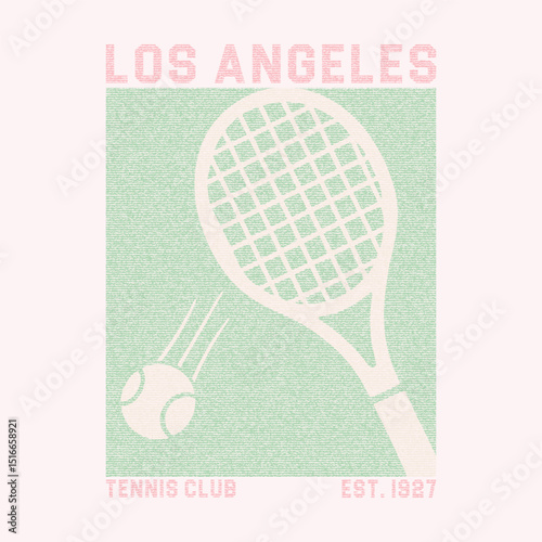 Los Angeles Tennis club. Tennis club vector t-shirt design. Racket tournament. Tennis college league. Vintage artwork for sportswear. Sport logo. College font.  retro tennis with racket, logo slogan 