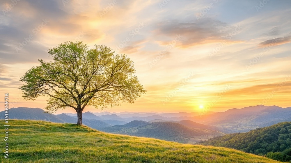 Fototapeta premium the serene sunset cast a warm glow over the majestic mountains, painting the sky with vibrant hues of orange, pink, and purple, creating a breathtaking scene of natural beauty.