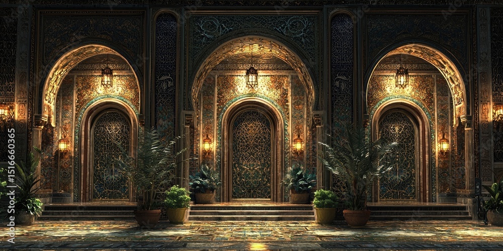 Fototapeta premium Grand arched courtyard with patterned tiles, potted plants, and detailed columns under sunlight. Generative by AI.