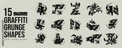 Grunge Graffiti Halftone Texture Elements Set Abstract Geometric Shapes. Ink Spray Horror Borders. Glitch Distortion.  Noise Overlay And Distressed Vector Effects