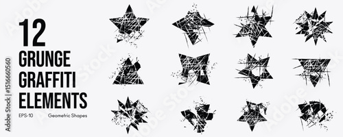 Grunge Graffiti Halftone Texture Elements Set Abstract Geometric Shapes. Ink Spray Horror Borders. Glitch Distortion.  Noise Overlay And Distressed Vector Effects