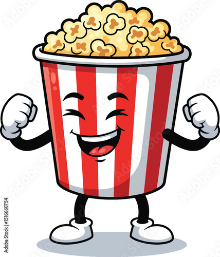 Cheerful cartoon popcorn character with a big smile and red and white striped bucket showing enthusiasm.