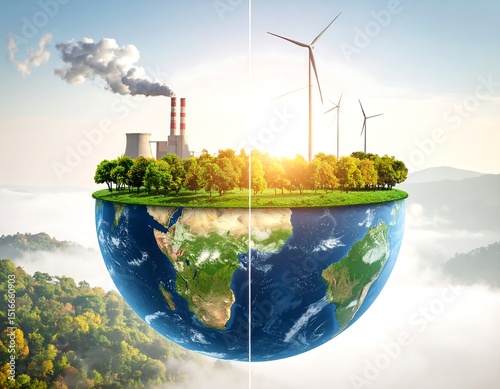Fototapeta Naklejka Na Ścianę i Meble -  Earth split between pollution and renewable energy